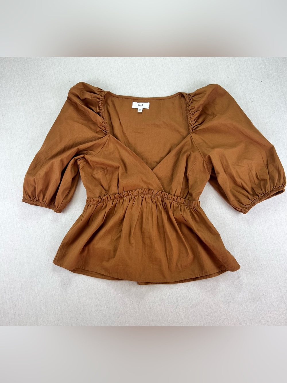 Women's Rust Orange V-Neck Puffed Short Sleeve Indie Flowy Boho Blouse -Size XS
